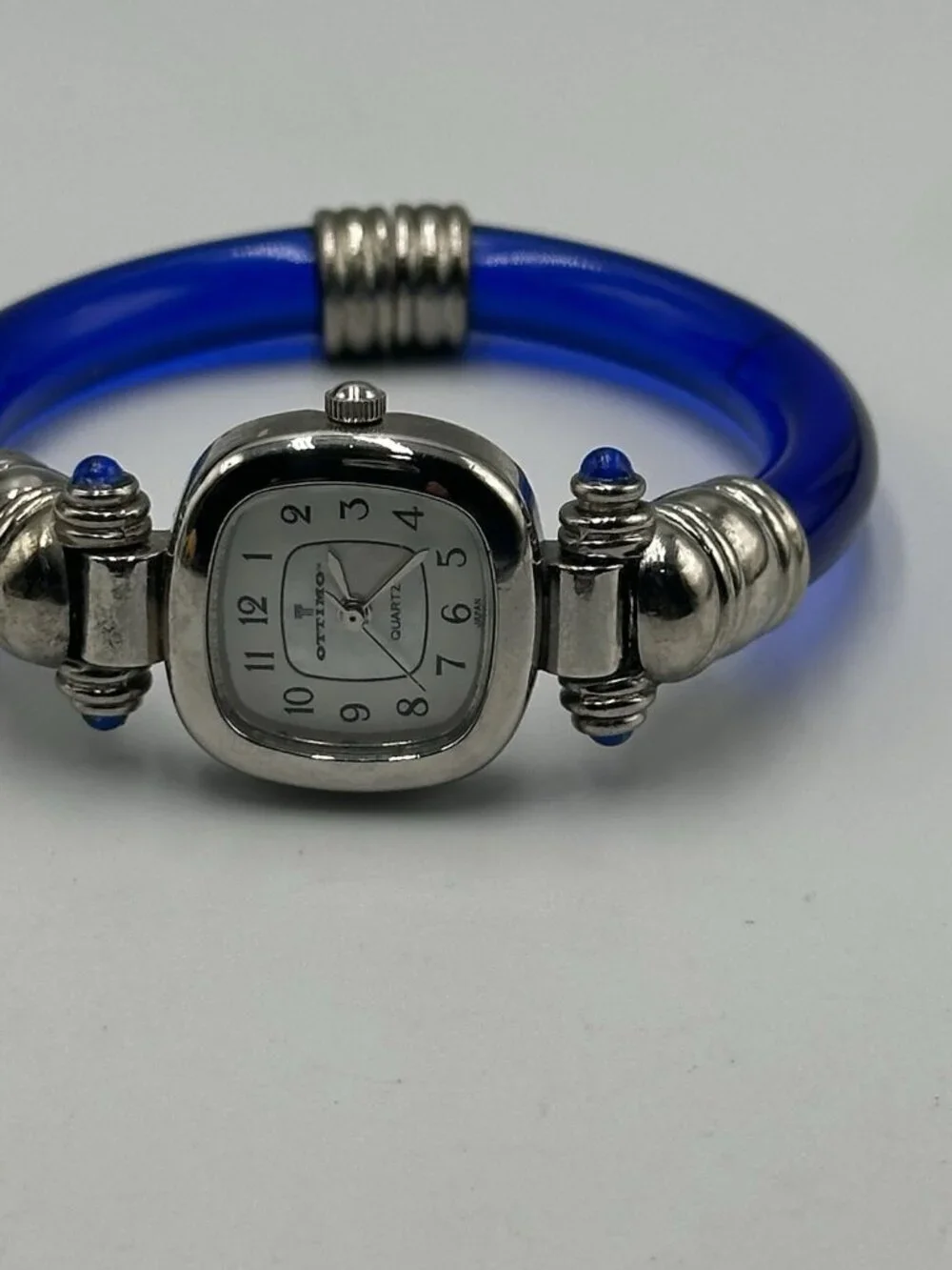 Ottimo Watch Women Silver Tonel Blue Transluscent Cuff Band New Battery